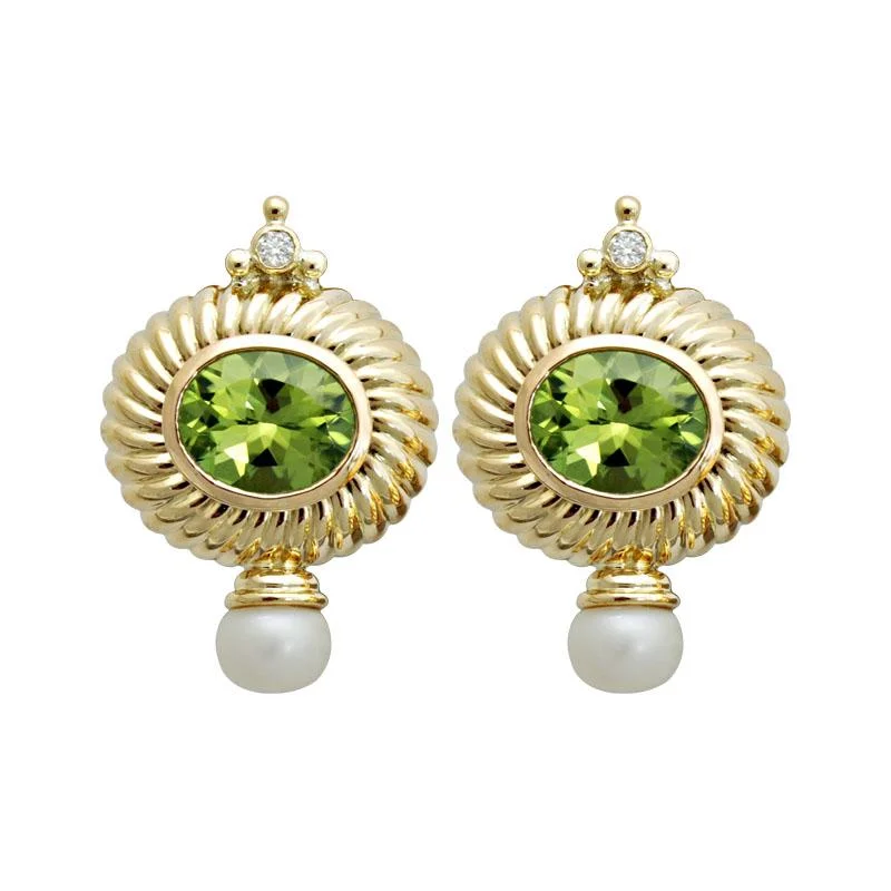 Sparkly Silver Earrings-Earrings-Peridot, Pearl and Diamond  (1713E)