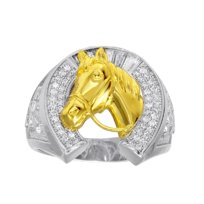 Gold Wedding Bands for Women-Two-Tone 925 Sterling Silver Men's 925 Sterling Silver CZ Horse Shoe Gold Horse Ring - GMR00278RG