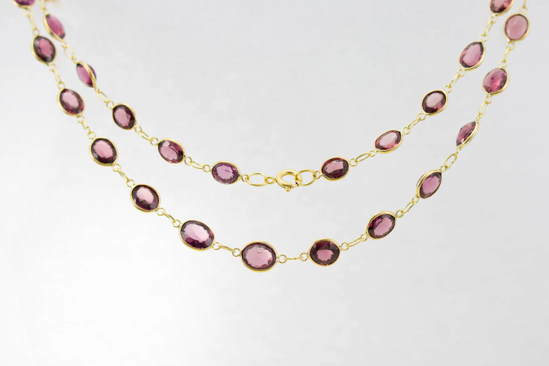 Vintage Gold Necklaces-9ct Yellow Gold Garnet Graduated Line Necklace