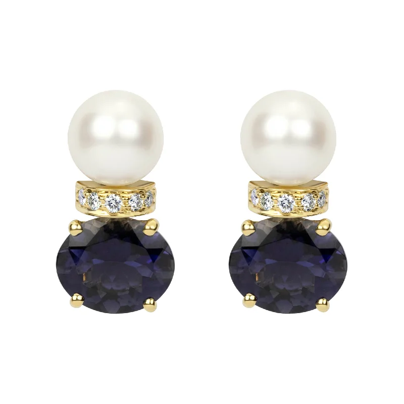 Fashionable Pearl Earrings-Earrings - Pearl, Iolite And Diamond