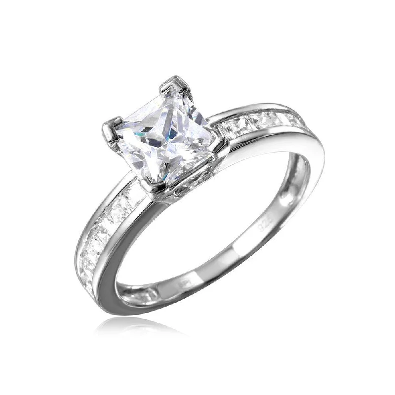 Trendy Engagement Ring Sets-Silver 925 Rhodium Plated Square Center Stone with CZ Band - GMR00097