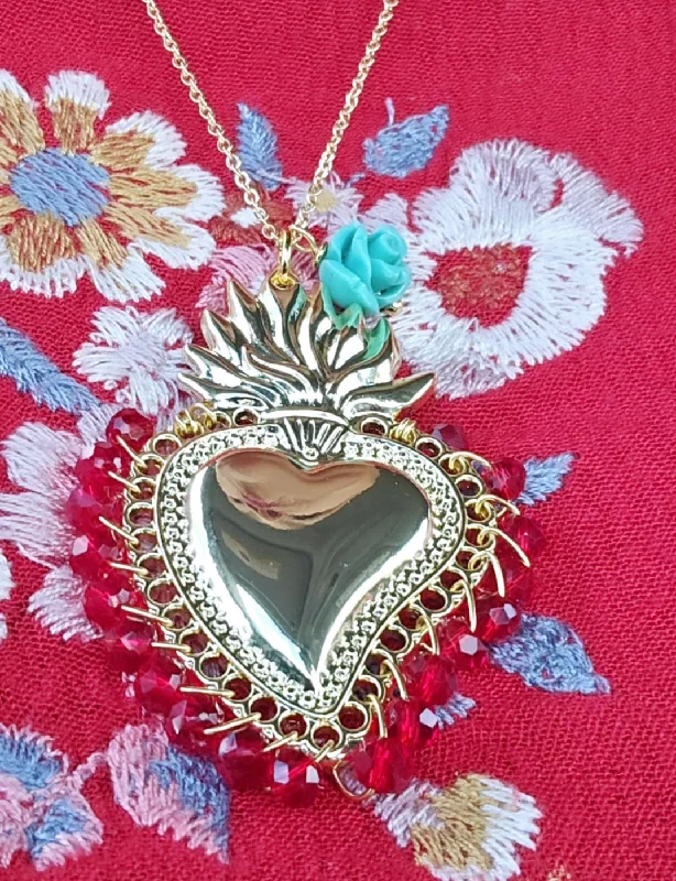 Layered Chain Necklaces-Sacred Heart Crystal Rose Necklace