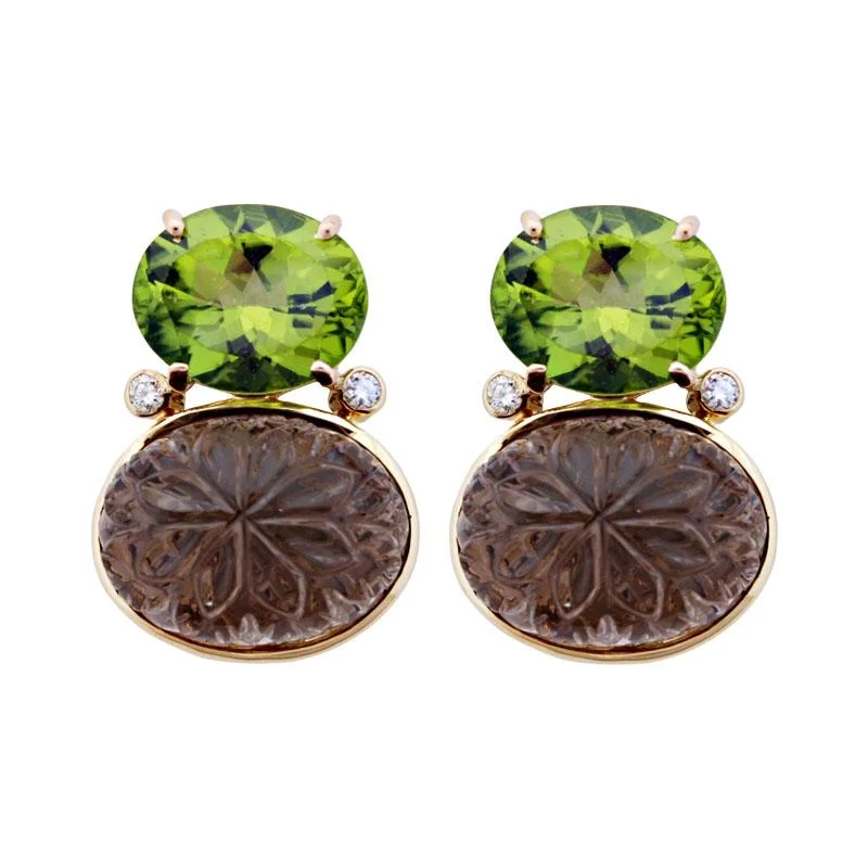 Trendy Gold Earrings-Earrings-Peridot, Smokey Quartz and Diamond  (1848J)