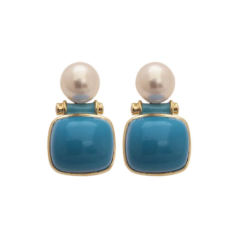 Elegant Wedding Earrings-EARRINGS- SYNTHETIC TURQUOISE, S.S. PEARL AND DIAMOND IN 18K GOLD WITH ENAMEL