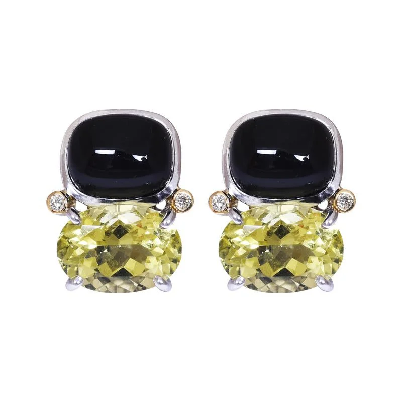 Unique Gemstone Earrings-Earrings- Onyx, Lemon Quartz and Diamond  (40CM)