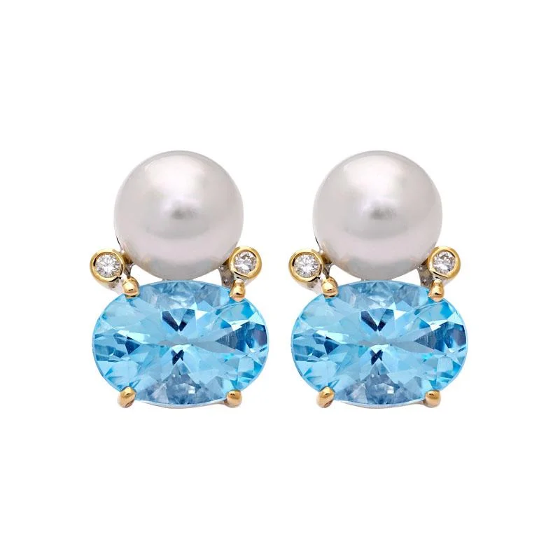 Beautiful Pearl Drop Earrings-Earrings- Blue Topaz, South Sea Pearl and Diamond  (20IM)