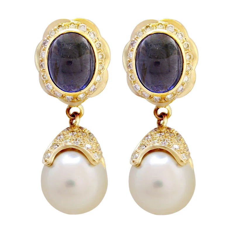 Bright Gemstone Earrings-Earrings- Iolite, S.S. Pearl And Diamond (1998C)