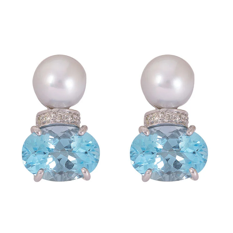 Trendy Silver Earrings-Earrings- Pearl, Blue Topaz and Diamond