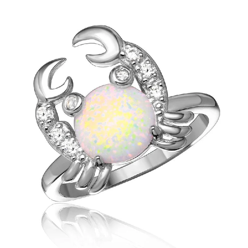 Adjustable Silver Rings-Silver 925 Rhodium Plated Hanging Crab Design Ring with Synthetic Opal and CZ - BGR01051