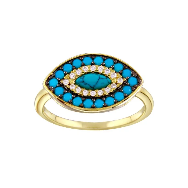 Silver Wedding Bands-Gold Plated 925 Sterling Silver Turquoise Clear CZ Evil Eye Ring - BGR01338GP