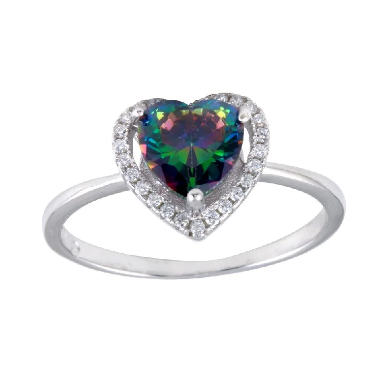 Sterling Silver Rings-Rhodium Plated 925 Sterling Silver Heart Synthetic Mystic Topaz CZ Ring - BGR01250