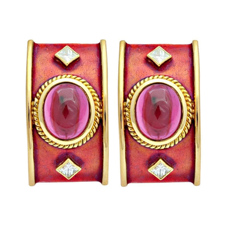 Silver and Gold Earrings-Earrings-Rubellite and Diamond (Enamel)  (1974A)