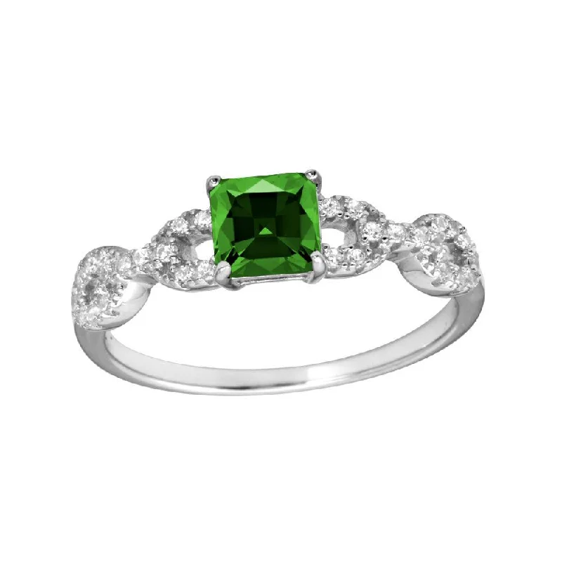 Custom Bridal Rings-Rhodium Plated 925 Sterling Silver Square Green CZ Center Stone Chain Design Shank Ring - BGR01225GRN