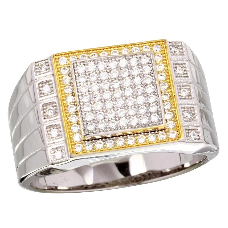 Custom Name Rings-Two-Tone 925 Rhodium Plated 925 Sterling Silver Square CZ Encrusted Men's Ring - GMR00218RG