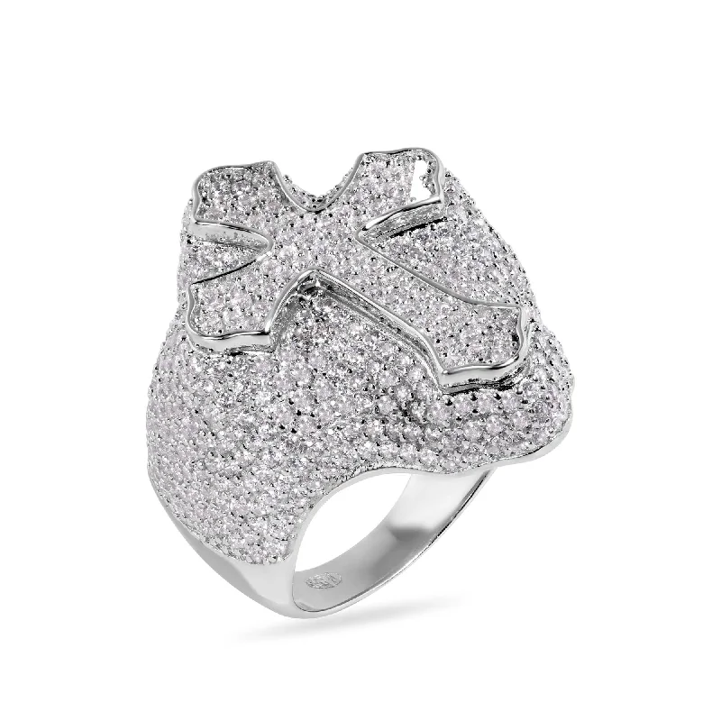 High-Quality Silver Rings-Rhodium Plated 925 Sterling Silver Cross Clear CZ Studded Top 30mm Ring - GMR00392