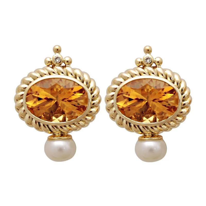 Unique Silver Stud Earrings-Earrings-Citrine, Pearl and Diamond  (1780B)