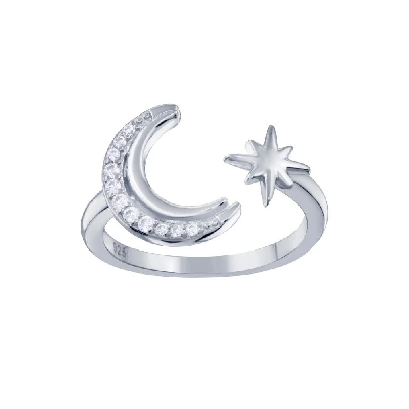 Men’s Engagement Rings-Rhodium Plated 925 Sterling Silver Cresent Moon and Star CZ Ring - STR01137RH