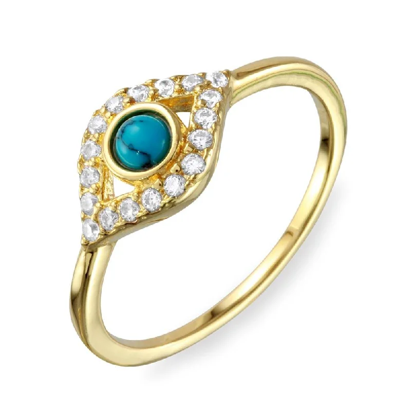 Custom Wedding Sets-Gold Plated 925 Sterling Silver Evil Eye CZ Ring with Turquoise Bead - BGR01109GP