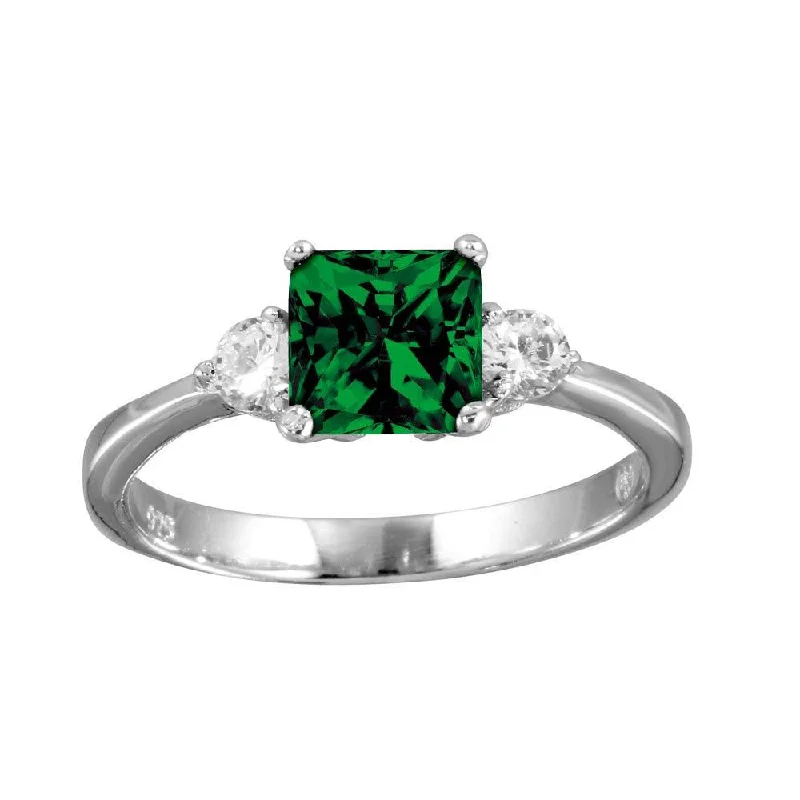 Handcrafted Wedding Bands-Rhodium Plated 925 Sterling Silver Green CZ Center Stone Ring - BGR01138GRN