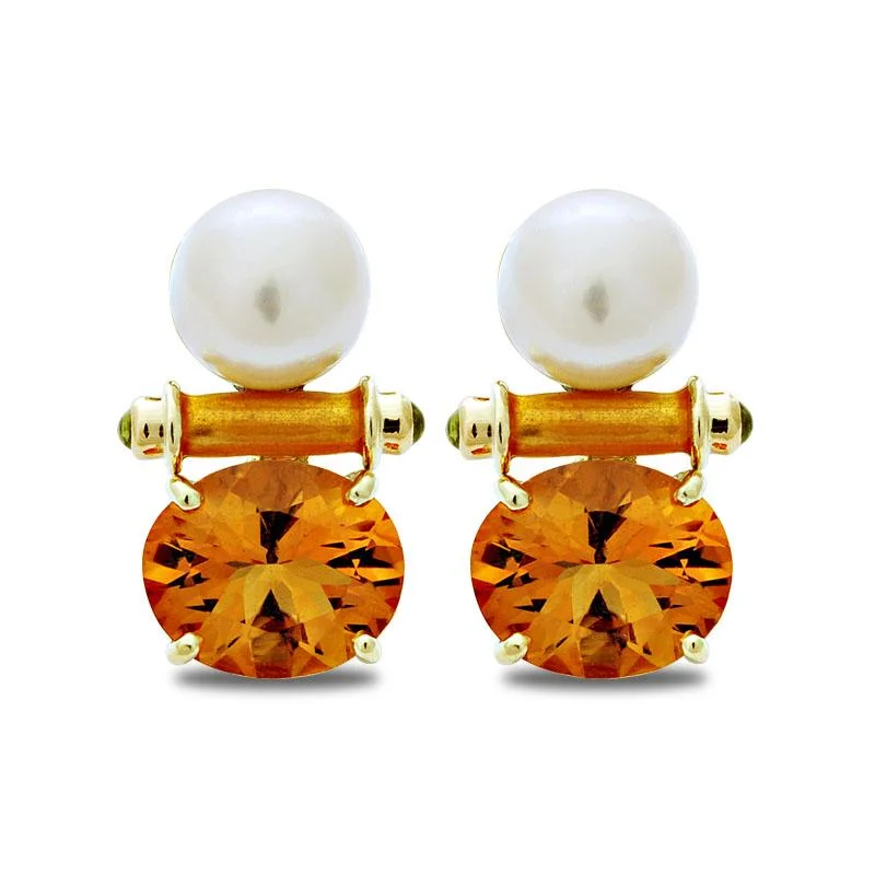 Gold Stud Earrings-Earrings-Citrine, Peridot and South Sea Pearl (Enamel)  (2031L)