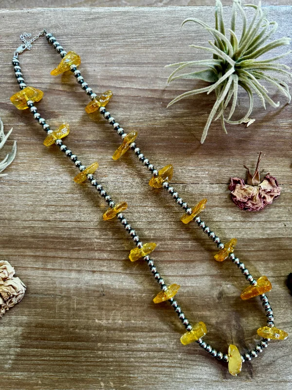 Stylish Necklaces for Brides-26 inch sterling silver pearls necklace with yellow amber beads