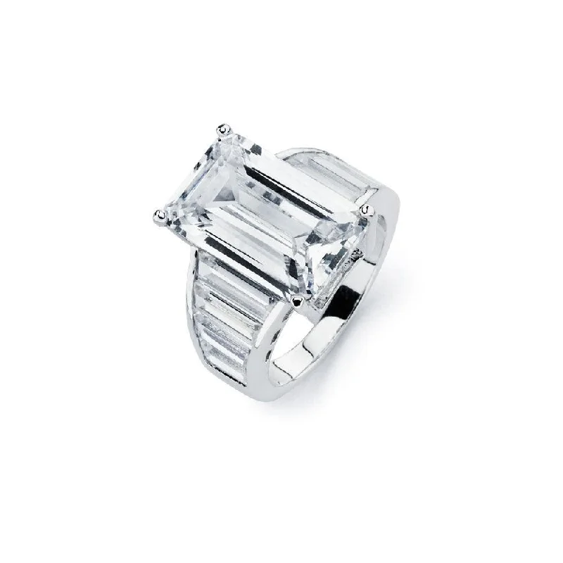 Solitaire Diamond Rings-Silver 925 Rhodium Plated Clear Baguette CZ Rectangular Bridal Ring - BGR00592