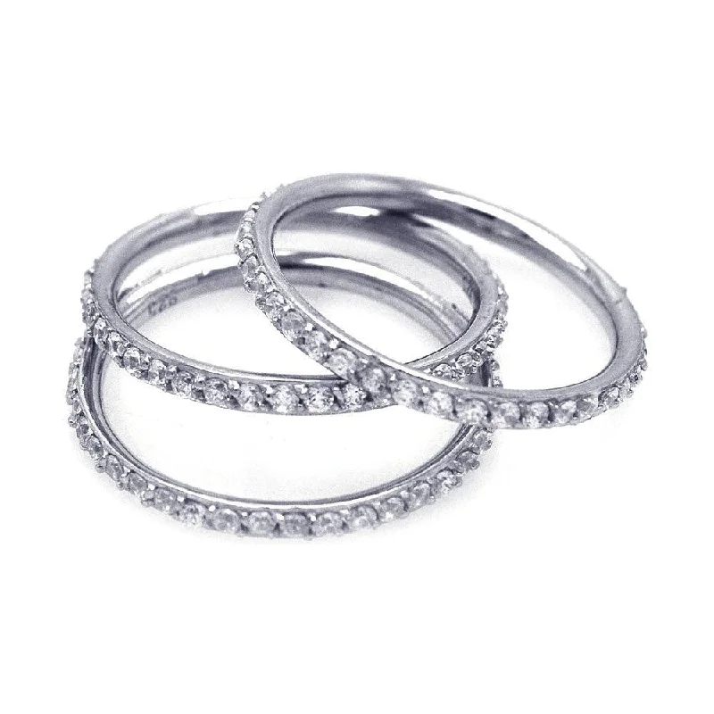 Designer Wedding Bands-Silver 925 Rhodium Plated CZ Stackable Ring Set - STR00513