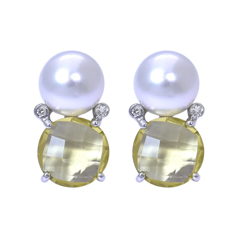 Trendy Wedding Earrings-Earrings- Lemon Quartz, South Sea Pearl and Diamond