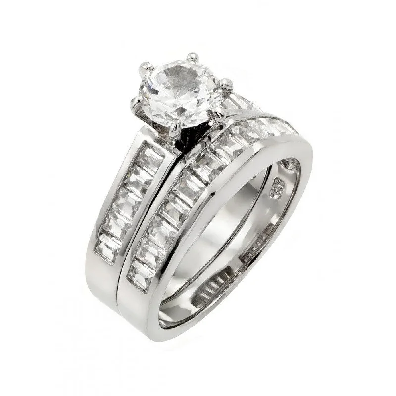 Simple Engagement Rings-Silver 925 Rhodium Plated Clear Baguette CZ Engagement Ring Pair Set - STR00977