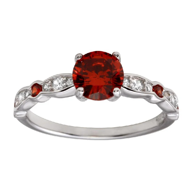 Unique Solitaire Rings-Rhodium Plated 925 Sterling Silver Red Center Stone CZ Ring - BGR01191RED