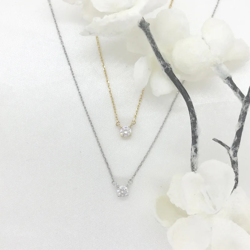 Vintage Gold Necklaces-10k Gold CZ Solitaire Necklace