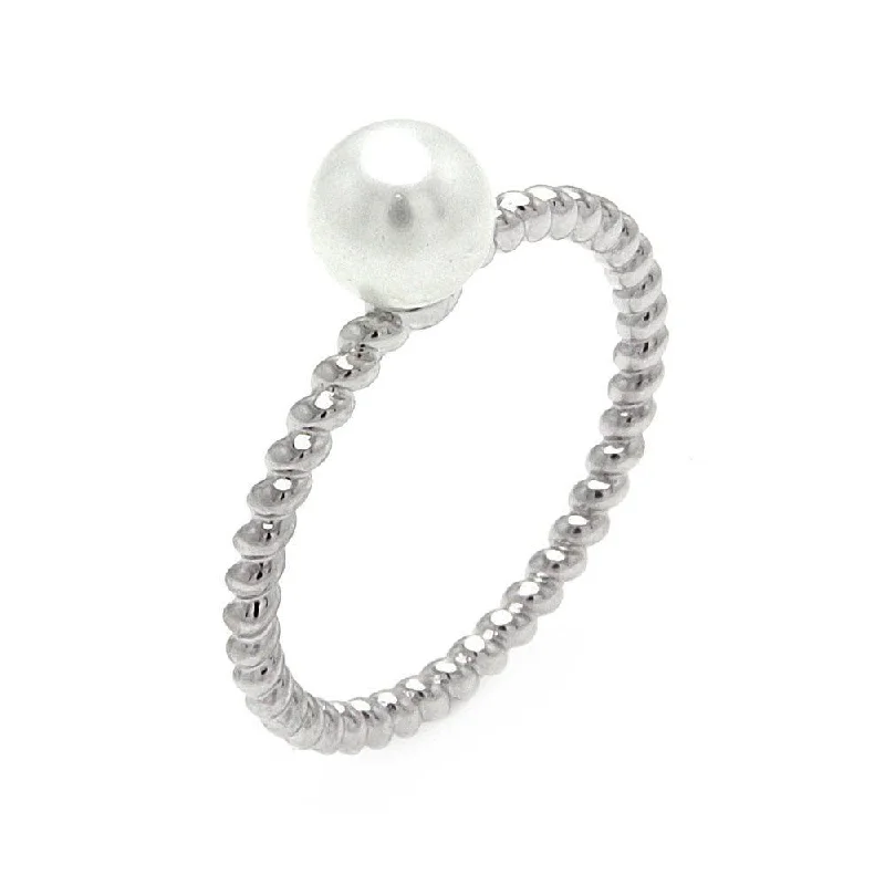 Personalized Diamond Rings-Silver 925 Rhodium Plated Pearl Center Bead Ring - BGR00531