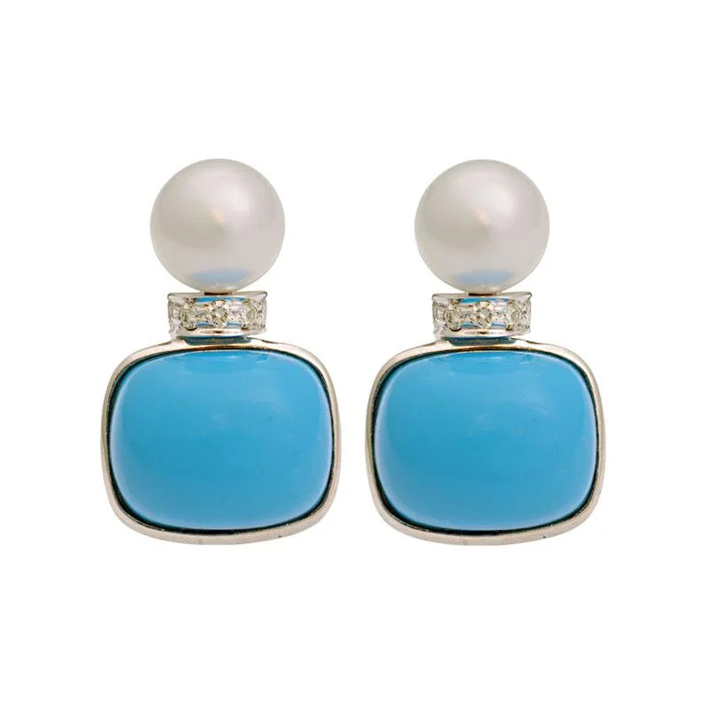 Chic Pearl Earrings-Earrings-Synthetic Turquoise, South Sea Pearl and Diamond  (181DS)