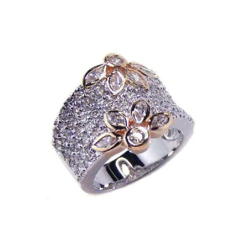 Engagement Rings with Colored Stones-Clearance-Silver 925 Rhodium and Gold Plated Clear Pave Set CZ Flower Ring - BGR00041