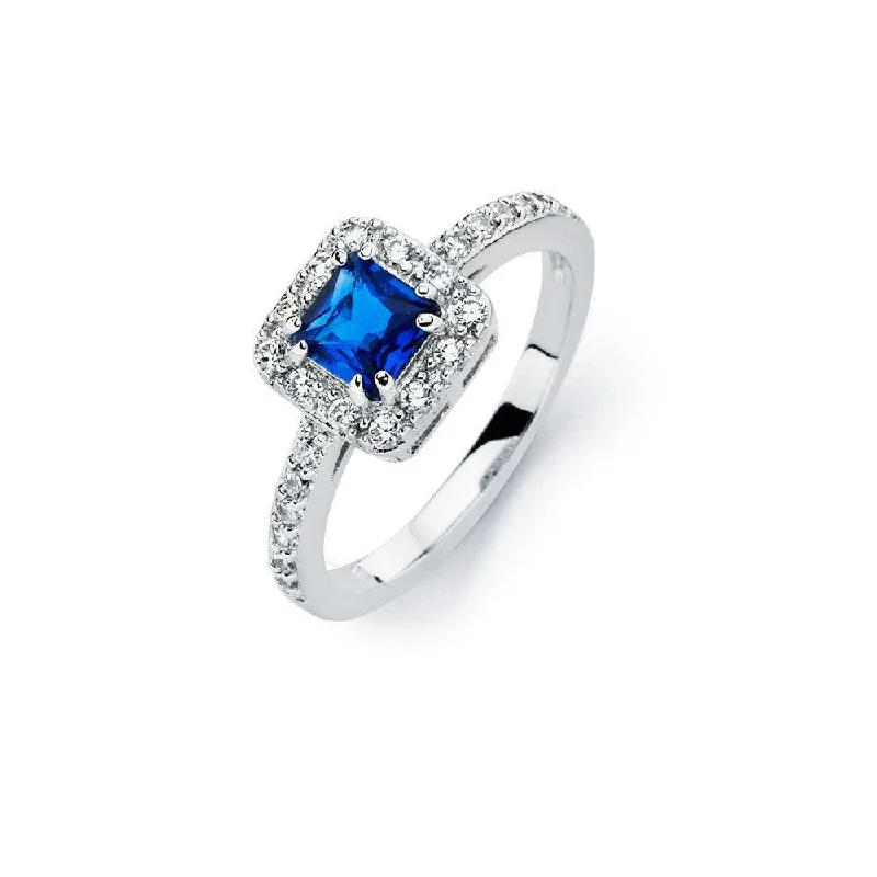 Personalized Engagement Rings-Silver 925 Rhodium Plated Clear Micro Pave Set and Square Blue Center CZ Bridal Ring - BGR00735