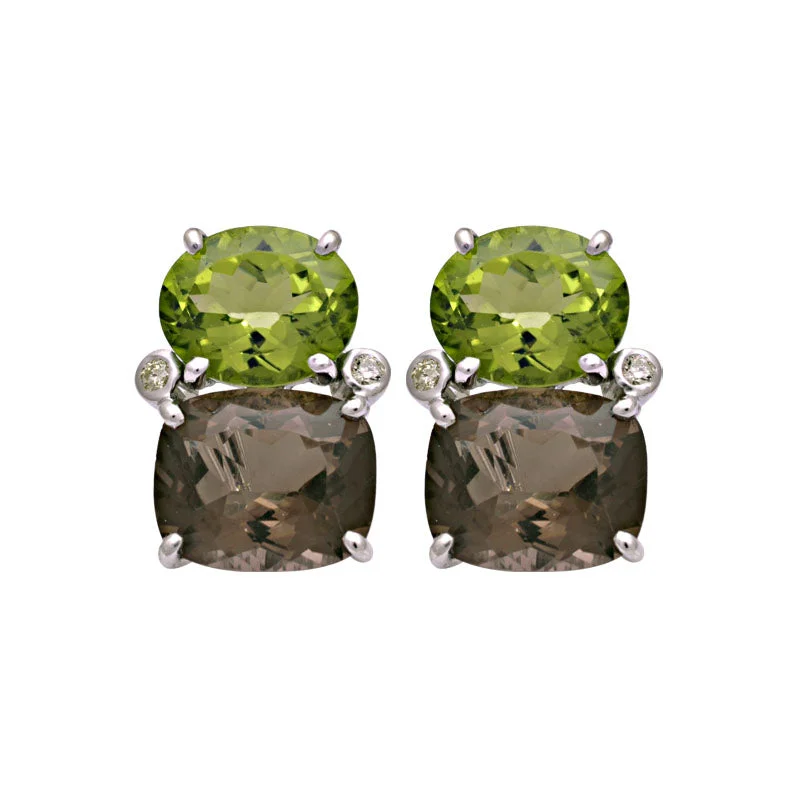 Colorful Gemstone Earrings-Earrings-Peridot, Smokey Quartz and Diamond