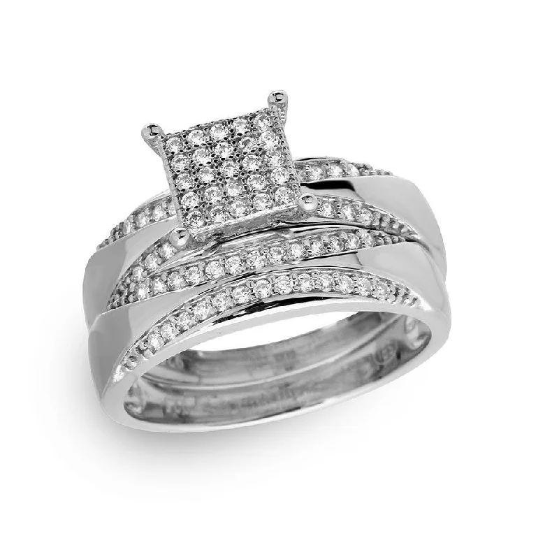 Customizable Rings for Women-Silver 925 Rhodium Plated Square Pave Center Trio Bridal Ring - GMR00160