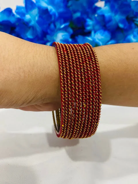 Modern Gold Wedding Bangles-Gorgeous Maroon Color Antique Gold Designer Bangle Sets With Glitter And Lehar Shape