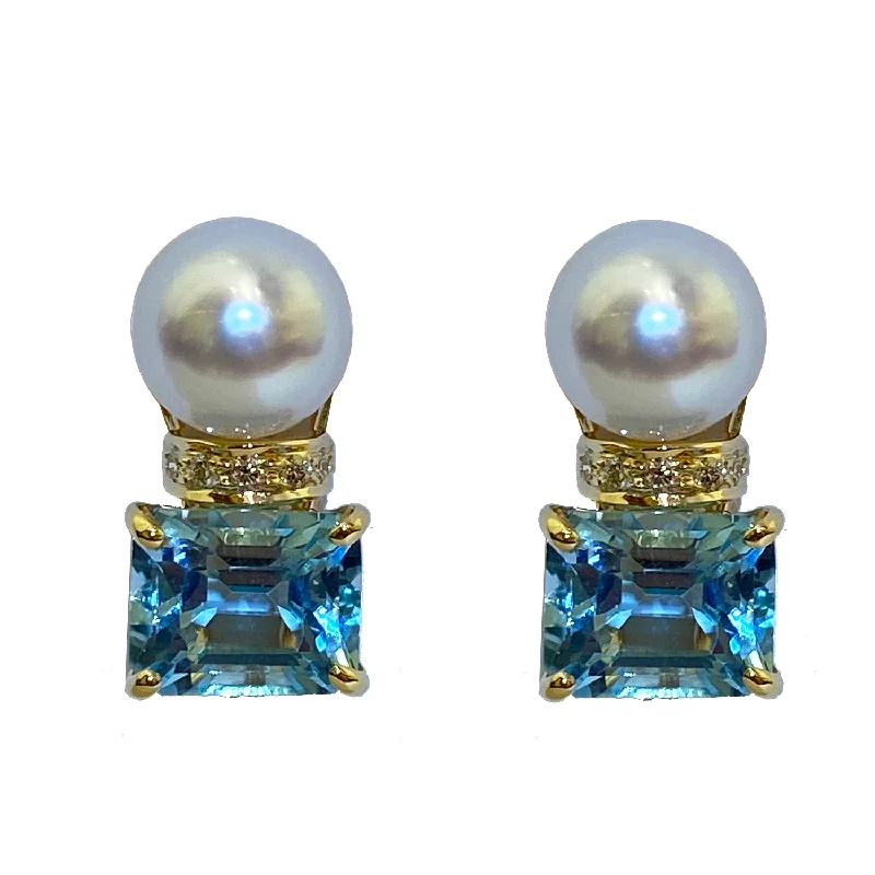 Custom Wedding Earrings-Earrings - Pearl, Blue Topaz and Diamond in 18K Gold