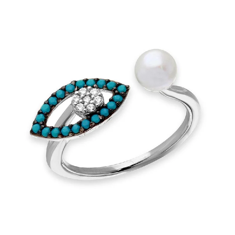 Designer Engagement Rings-Silver 925 Black Rhodium and Rhodium Plated Turquoise Evil Eye and CZ with Fresh Water Pearl Ring - GMR00137B-T