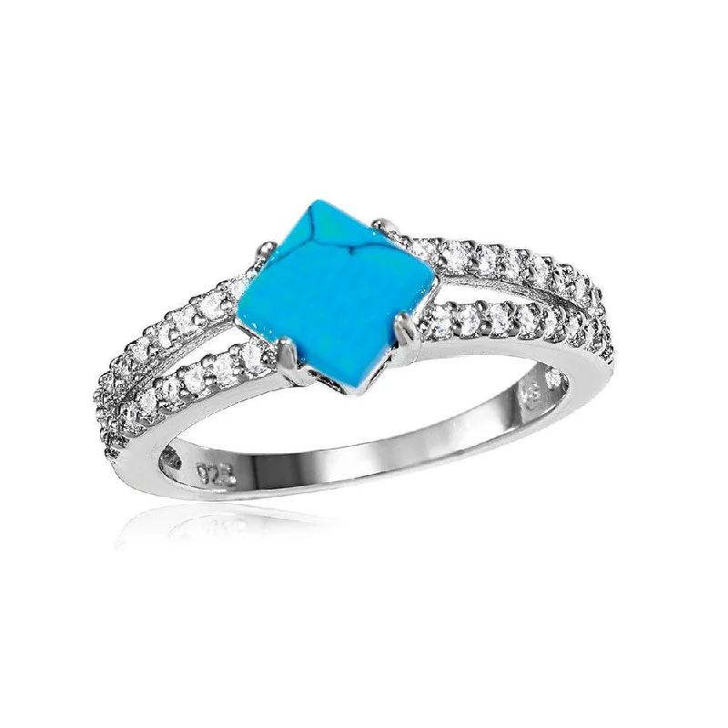 Handcrafted Gold Rings-Silver 925 Rhodium Plated Turquoise Center Stone Ring with CZ Shank - BGR01057