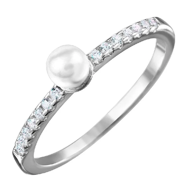 Adjustable Silver Rings-Silver 925 Rhodium Plated Synthetic Center Pearl Ring with Cubic Zirconia Stones - BGR01037