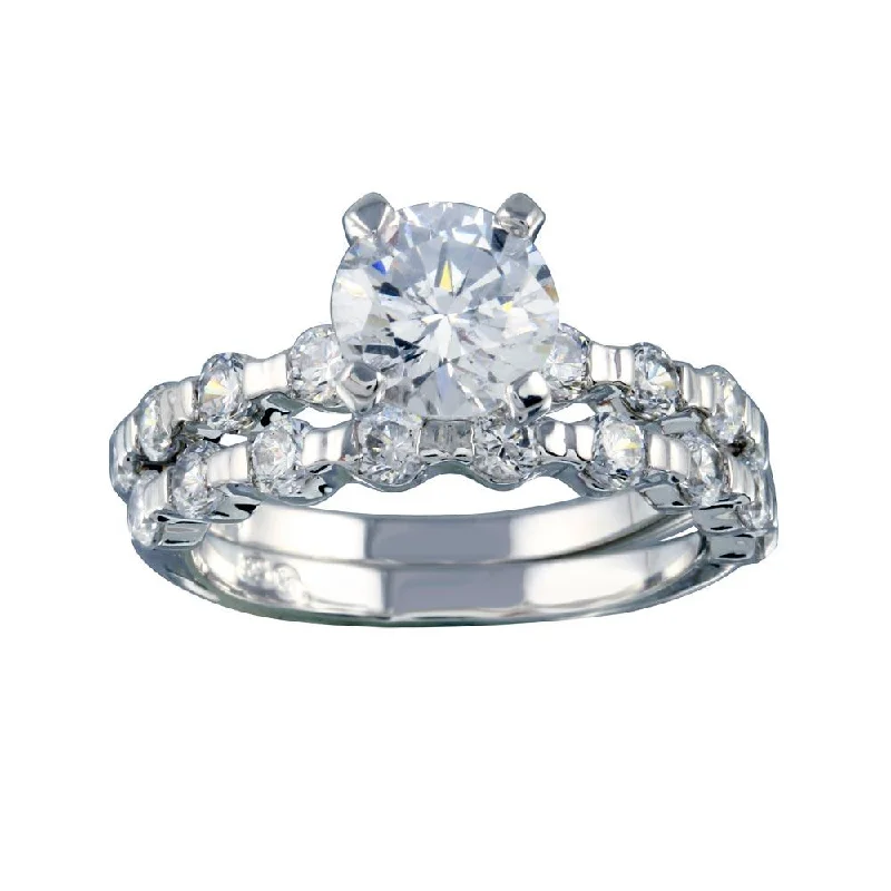 Designer Diamond Wedding Rings-Rhodium Plated 925 Sterling Silver Clear Round Center CZ Bridal Ring Set - BGR00233