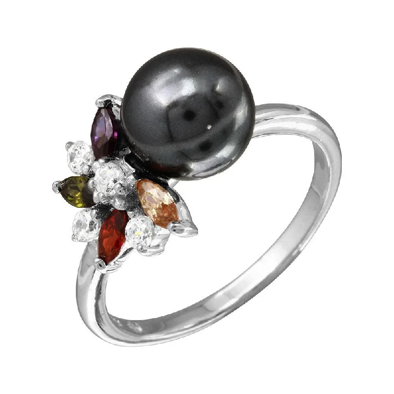 Elegant Silver Rings-Rhodium Plated 925 Sterling Silver Multi Color CZ Flower Ring with Black Synthetic Pearl - BGR01097