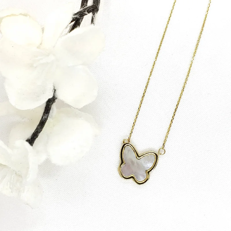 Gold and Silver Necklaces-10k Gold Pearl Butterfly Necklace