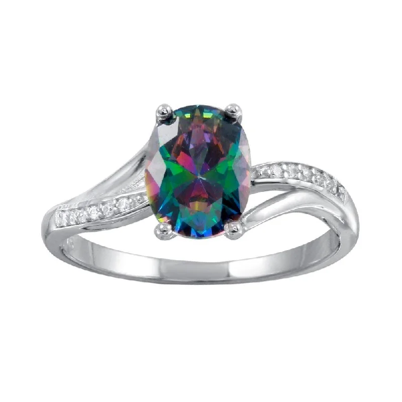 Fashionable Gold Rings-Rhodium Plated 925 Sterling Silver Oval Mystic Topaz CZ Ring - BGR01266