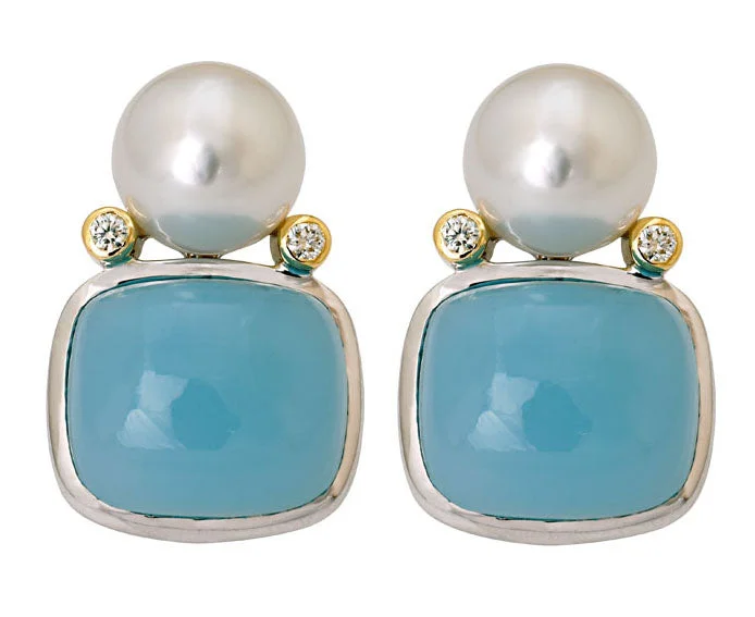 Personalized Drop Earrings-Repair - Earrings - Chalcedony, South Sea Pearl and Diamond (15HM)