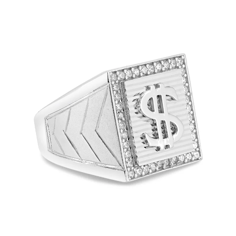 Luxury Bridal Rings-Men's Sterling 925 Sterling Silver Rhodium Dollar Sign Ring with CZ - GMR00228RH