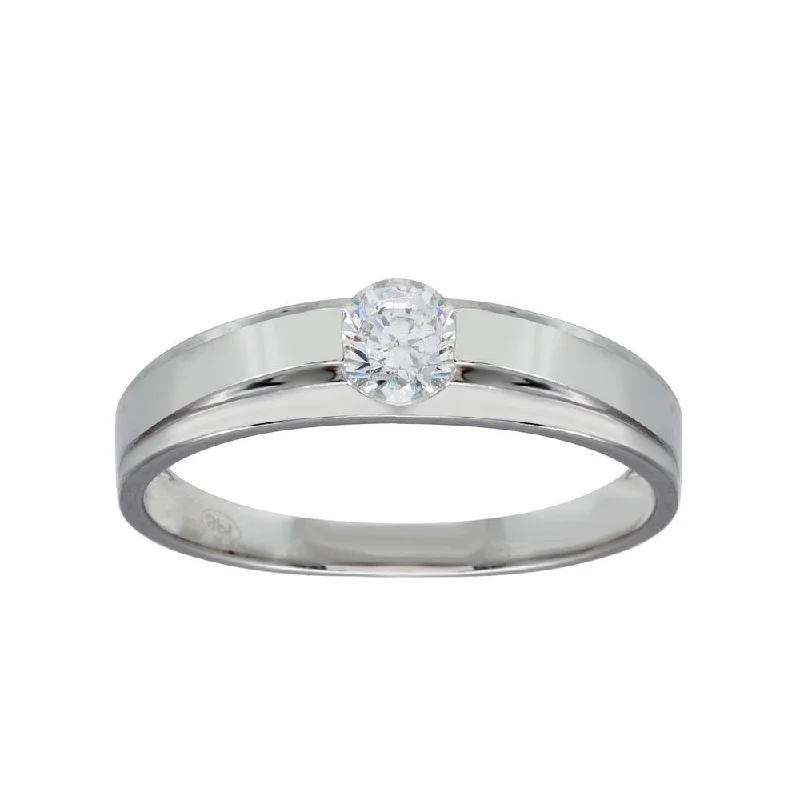 Designer Engagement Rings-Rhodium Plated 925 Sterling Silver Round CZ Stone Bordered Ring - GMR00284