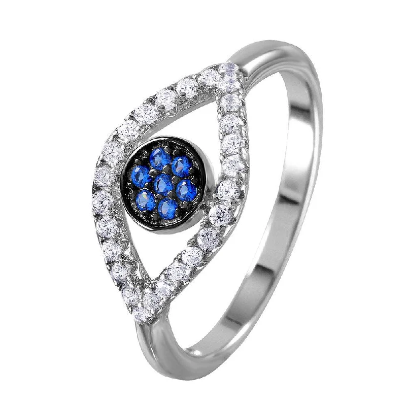 Fashionable Gold Rings-Silver 925 Rhodium Plated Open Evil Eye Ring with Blue Center Stones - BGR01024